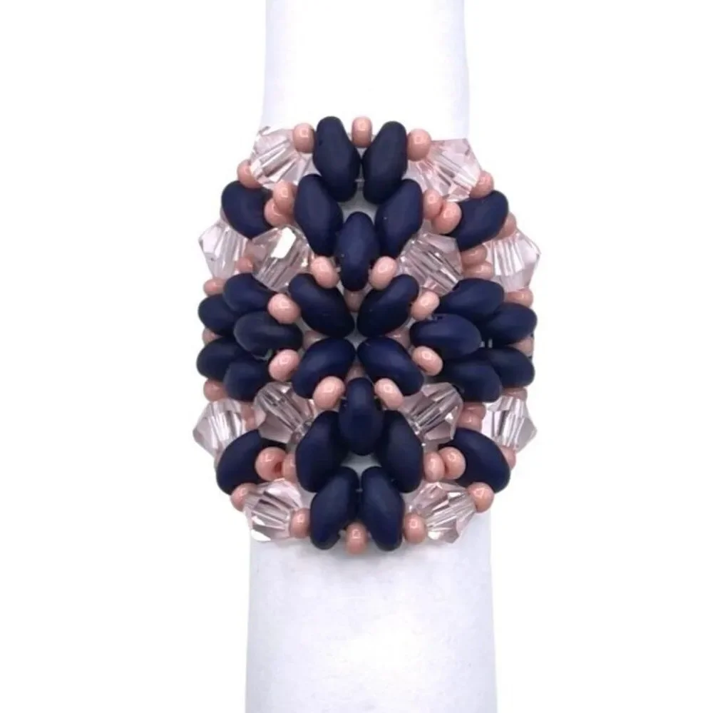 Navy Blue and Light Pink Crystal Beaded Statement Ring Size 5.5
